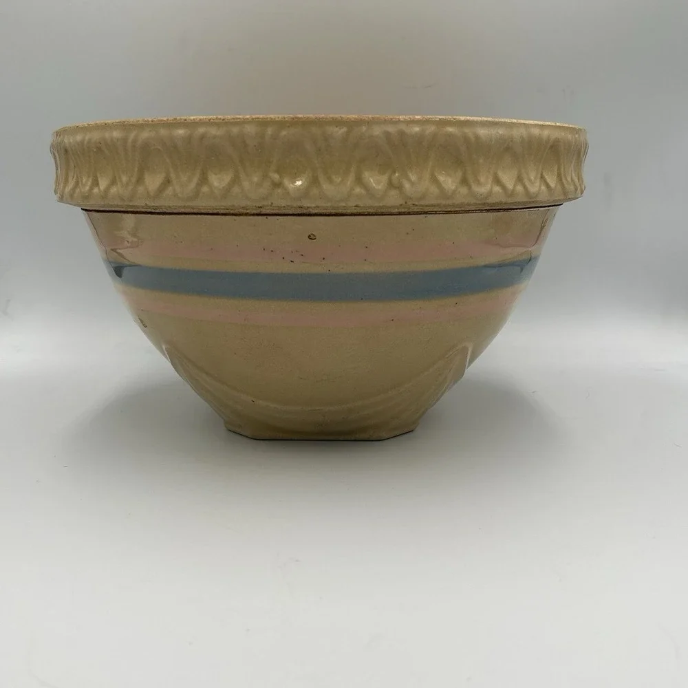 McCoy Yellow Ware Mixing Bowl Pink Blue Stripe Pie‎ Crust Edge 10.5